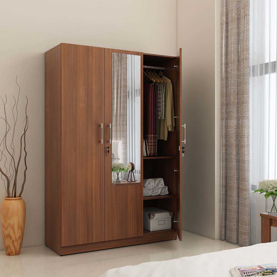 kosmo-optima-3-door-wardrobe-with-mirror-walnut-rigato-woodpore ...