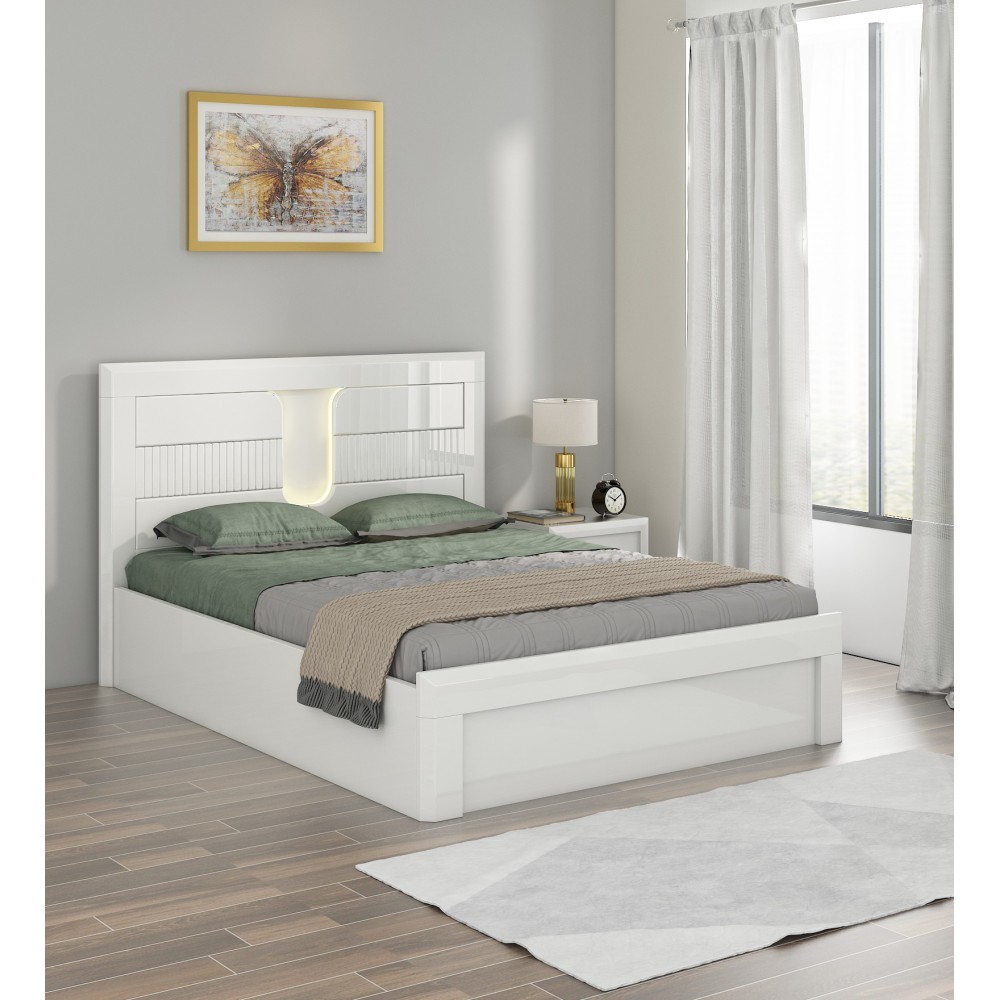 Kosmo Arctic Queen Bed Full Lift On With Top Panel - High Gloss White