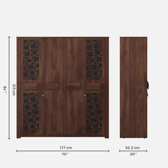 Kosmo Artisan 4 Door Wardrobe Without Mirror- Sheesham