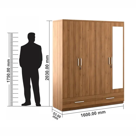 Kosmo Classy 4 Door Wardrobe With Mirror - Natural Teak