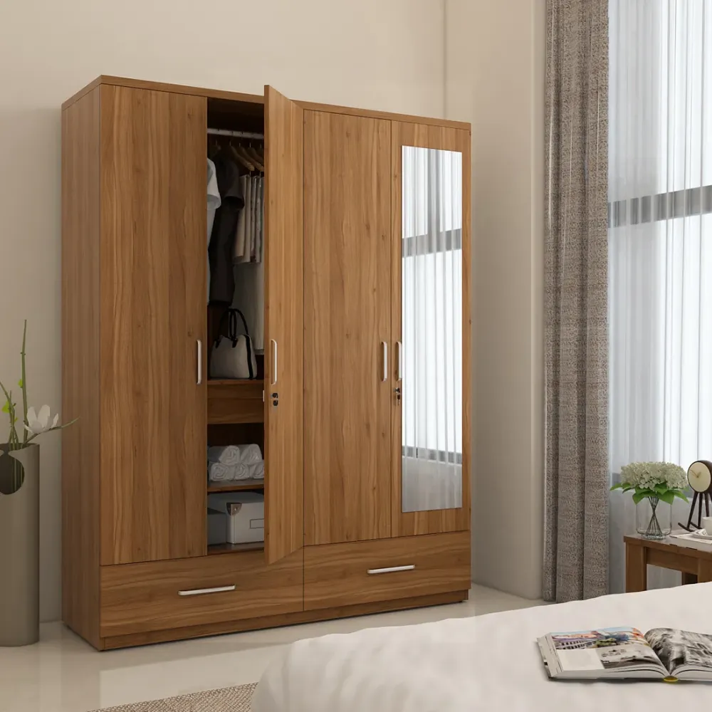 Kosmo Classy 4 Door Wardrobe With Mirror - Natural Teak