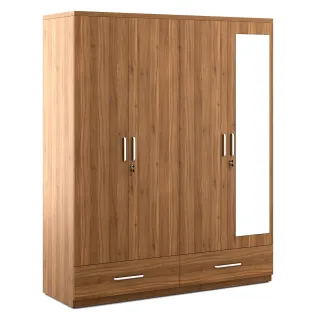 Kosmo Classy 4 Door Wardrobe With Mirror - Natural Teak