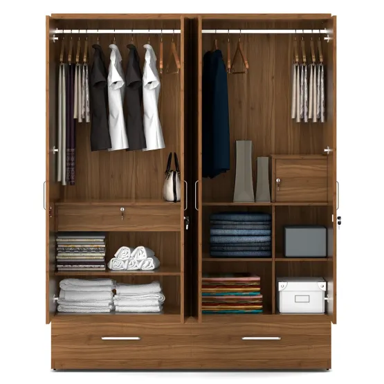 Kosmo Classy 4 Door Wardrobe With Mirror - Natural Teak