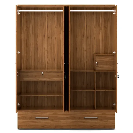 Kosmo Classy 4 Door Wardrobe With Mirror - Natural Teak