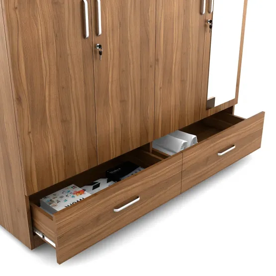 Kosmo Classy 4 Door Wardrobe With Mirror - Natural Teak