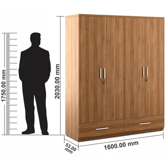 Kosmo Classy 4 Door Wardrobe Without Mirror - Natural Teak