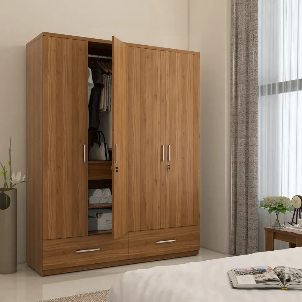 Kosmo Classy 4 Door Wardrobe Without Mirror - Natural Teak