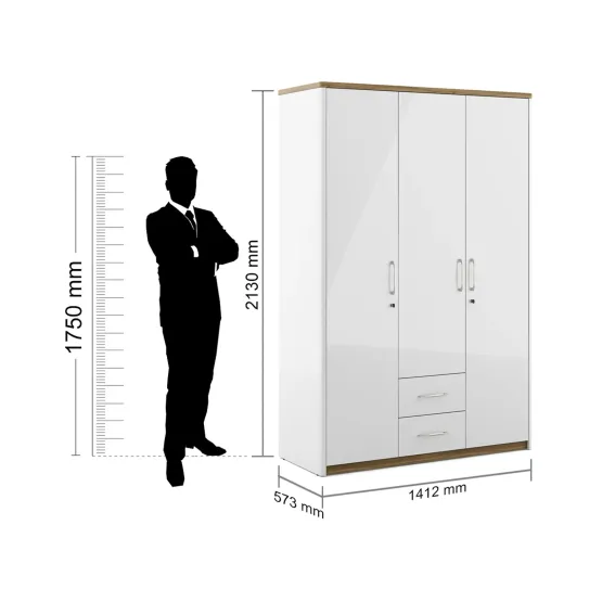 Kosmo Jupiter 3 Door Wardrobe W/o Mirror - High Gloss White