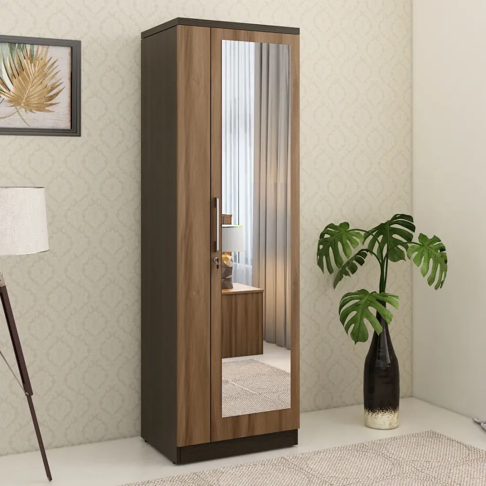 Kosmo Ken 1 Door Wardrobe With Mirror - Walnut Bronze Woodpore