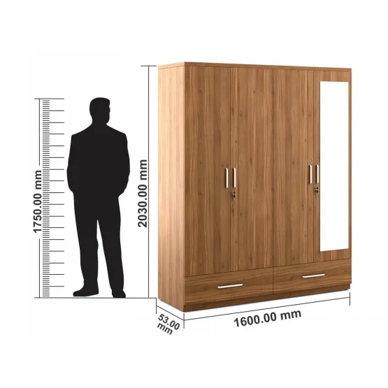 Kosmo Linden 4 Door Wardrobe With Mirror (natural Teak)