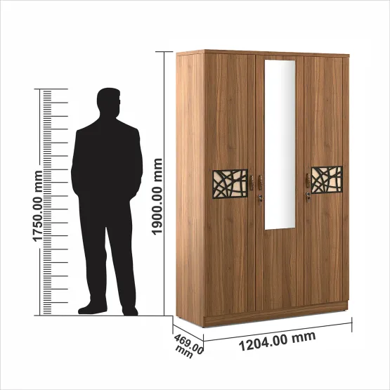 Kosmo Rayan 3 Door Wardrobe With Mirror - Natural Teak