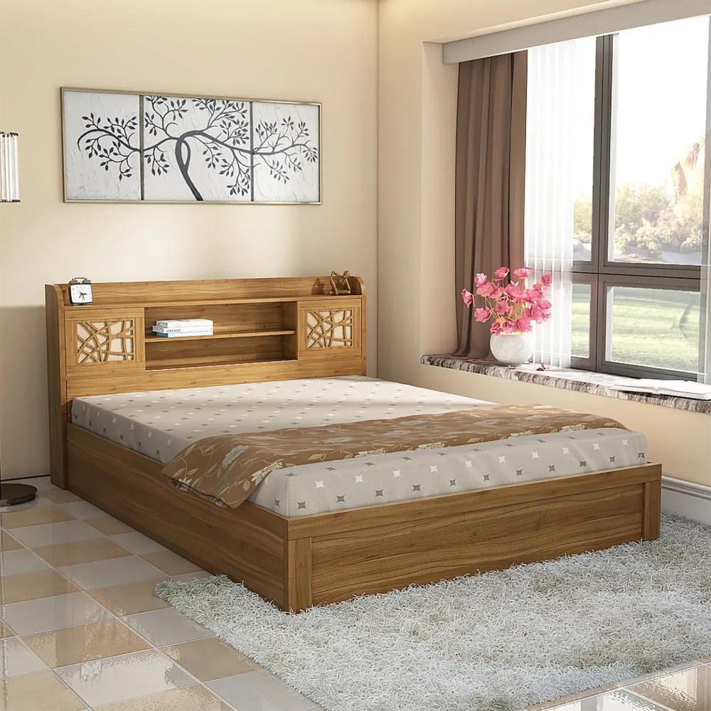 Kosmo Rayan King Bed With 3/4th Lift Storage - Natural Teak