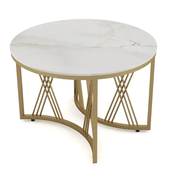 Center Table Roger Round Tall With Ceramic Top And Metal Under Structure In Gold