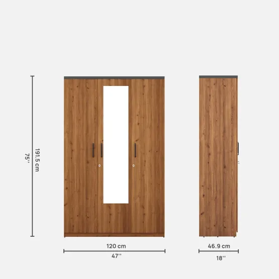 Roma 3 Door Wardrobe With Mirror  New- Mol-acacia Dark - Woodpore